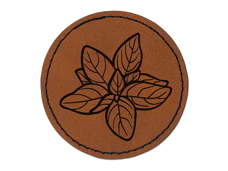 Basil Herb Plant Round Iron-On Engraved Faux Leather Patch Applique - 2.5"