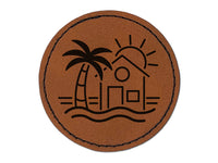 Beach House Palm Tree Ocean Round Iron-On Engraved Faux Leather Patch Applique - 2.5"