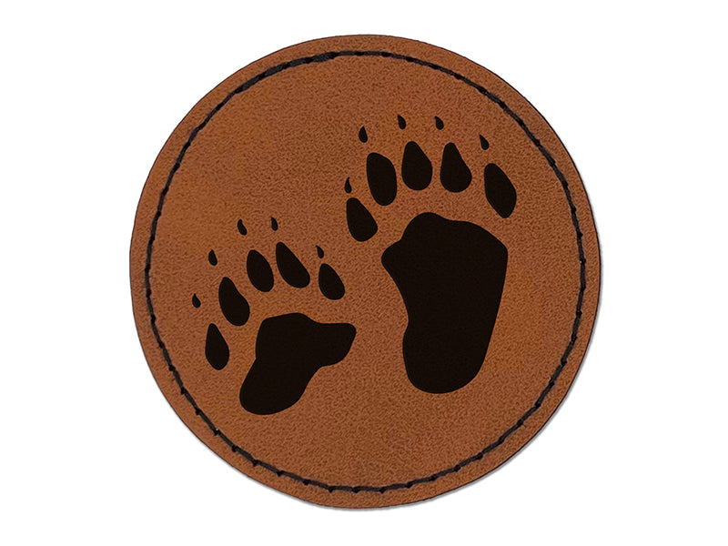 Bear Tracks Animal Paw Prints Round Iron-On Engraved Faux Leather Patch Applique - 2.5"