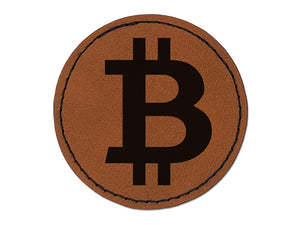Bitcoin Symbol Cryptocurrency Money Round Iron-On Engraved Faux Leather Patch Applique - 2.5"