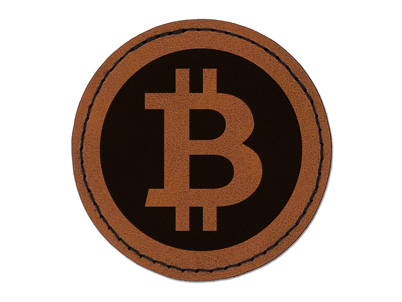 Bitcoin Symbol Inverted on Dark Background Cryptocurrency Money Round Iron-On Engraved Faux Leather Patch Applique - 2.5"