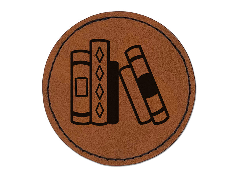 Books in a Row Reading Library Round Iron-On Engraved Faux Leather Patch Applique - 2.5"