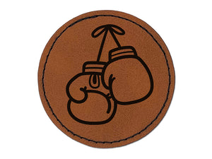 Boxing Gloves Hanging Round Iron-On Engraved Faux Leather Patch Applique - 2.5"