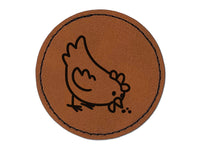 Cartoon Chicken Hen Pecking Ground Round Iron-On Engraved Faux Leather Patch Applique - 2.5"