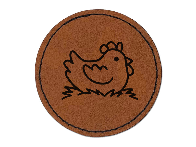 Cartoon Chicken Hen Sitting on Nest Round Iron-On Engraved Faux Leather Patch Applique - 2.5"