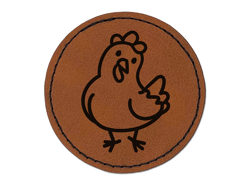 Cartoon Chicken Hen Tilting Head Round Iron-On Engraved Faux Leather Patch Applique - 2.5"