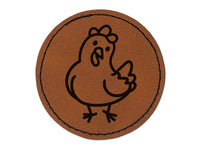 Cartoon Chicken Hen Tilting Head Round Iron-On Engraved Faux Leather Patch Applique - 2.5"