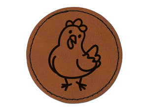 Cartoon Chicken Hen Tilting Head Round Iron-On Engraved Faux Leather Patch Applique - 2.5"