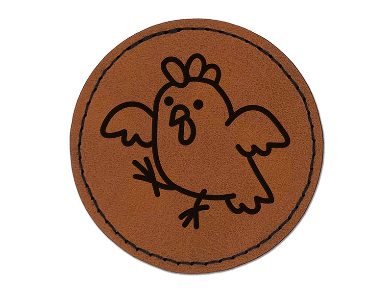 Cartoon Chicken Hen Trying to Fly Round Iron-On Engraved Faux Leather Patch Applique - 2.5"