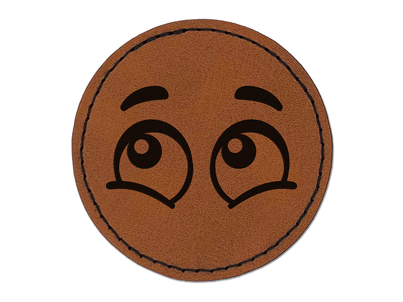 Cartoon Eyes Happy Joyous Round Iron-On Engraved Faux Leather Patch Applique - 2.5"