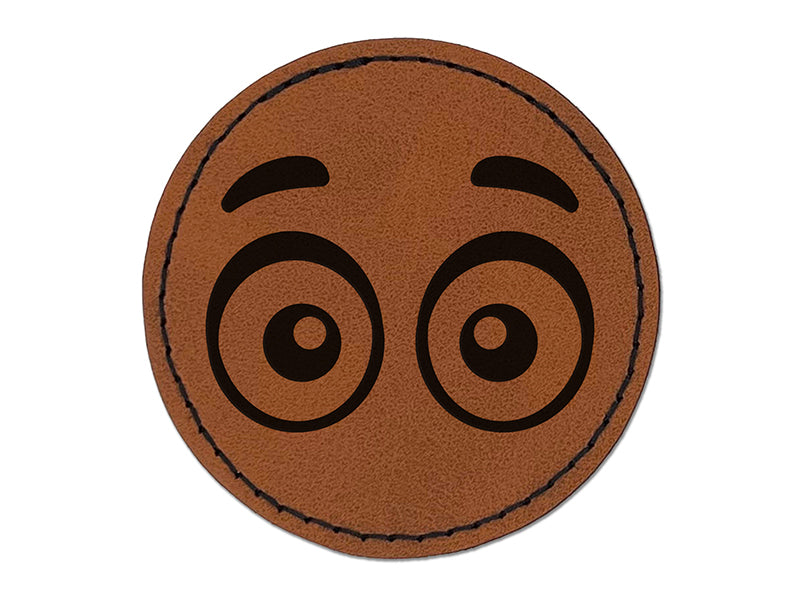 Cartoon Eyes Open Looking Forward Round Iron-On Engraved Faux Leather Patch Applique - 2.5"