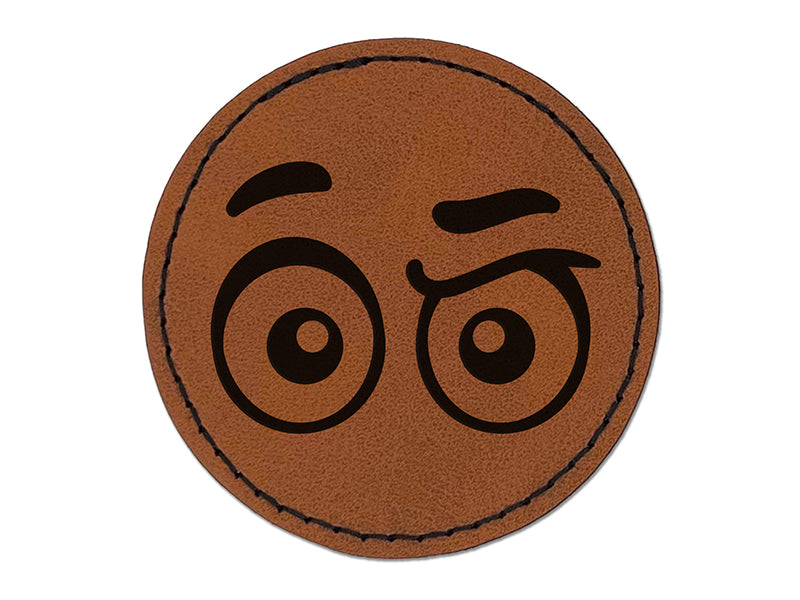 Cartoon Eyes Raised Brow Concerned Confused Judging Round Iron-On Engraved Faux Leather Patch Applique - 2.5"