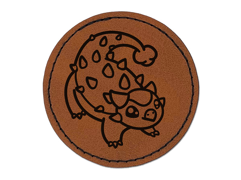 Chibi Ankylosaurus Dinosaur Round Iron-On Engraved Faux Leather Patch Applique - 2.5"