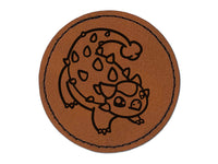 Chibi Ankylosaurus Dinosaur Round Iron-On Engraved Faux Leather Patch Applique - 2.5"