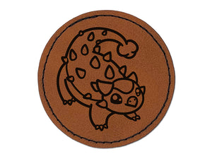 Chibi Ankylosaurus Dinosaur Round Iron-On Engraved Faux Leather Patch Applique - 2.5"