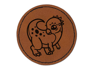 Chibi Pachycephalosaurus Dinosaur Round Iron-On Engraved Faux Leather Patch Applique - 2.5"