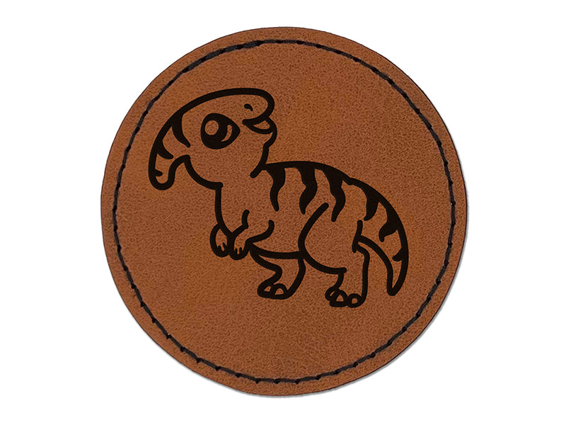 Chibi Parasaurolophus Dinosaur Round Iron-On Engraved Faux Leather Patch Applique - 2.5"