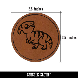 Chibi Parasaurolophus Dinosaur Round Iron-On Engraved Faux Leather Patch Applique - 2.5"