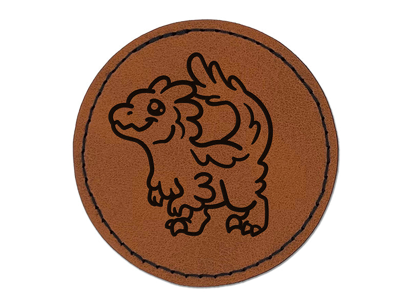 Chibi Raptor Feathered Velociraptor Dinosaur Round Iron-On Engraved Faux Leather Patch Applique - 2.5"