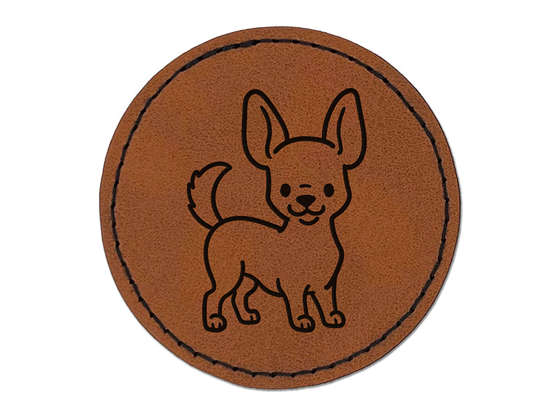 Chihuahua Standing Dog Round Iron-On Engraved Faux Leather Patch Applique - 2.5"