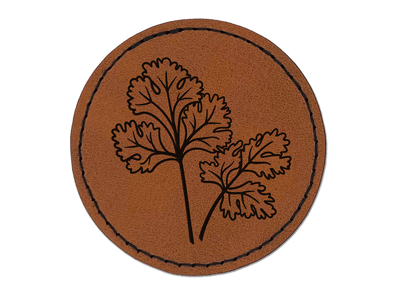 Cilantro Herb Plant Round Iron-On Engraved Faux Leather Patch Applique - 2.5"