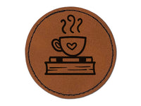 Coffee Sitting on Stack of Books Reading Round Iron-On Engraved Faux Leather Patch Applique - 2.5"