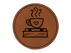 Coffee Sitting on Stack of Books Reading Round Iron-On Engraved Faux Leather Patch Applique - 2.5"