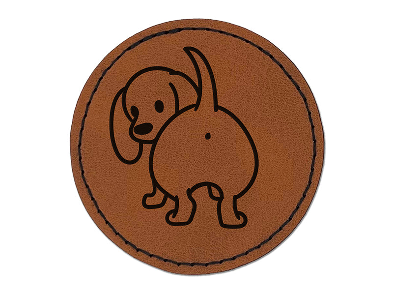 Dachshund from Behind Butt Wiener Dog Round Iron-On Engraved Faux Leather Patch Applique - 2.5"