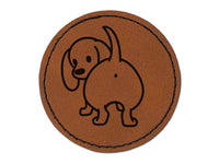 Dachshund from Behind Butt Wiener Dog Round Iron-On Engraved Faux Leather Patch Applique - 2.5"