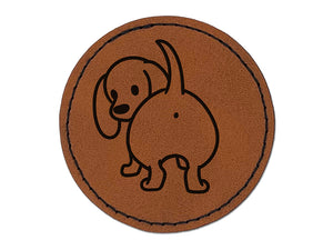 Dachshund from Behind Butt Wiener Dog Round Iron-On Engraved Faux Leather Patch Applique - 2.5"