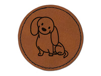 Dachshund Sitting Tilting Head Wiener Dog Round Iron-On Engraved Faux Leather Patch Applique - 2.5"