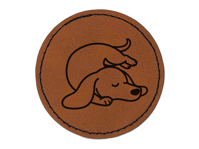 Dachshund Sleeping Wiener Dog Round Iron-On Engraved Faux Leather Patch Applique - 2.5"