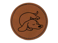 Dachshund Sleeping Wiener Dog Round Iron-On Engraved Faux Leather Patch Applique - 2.5"