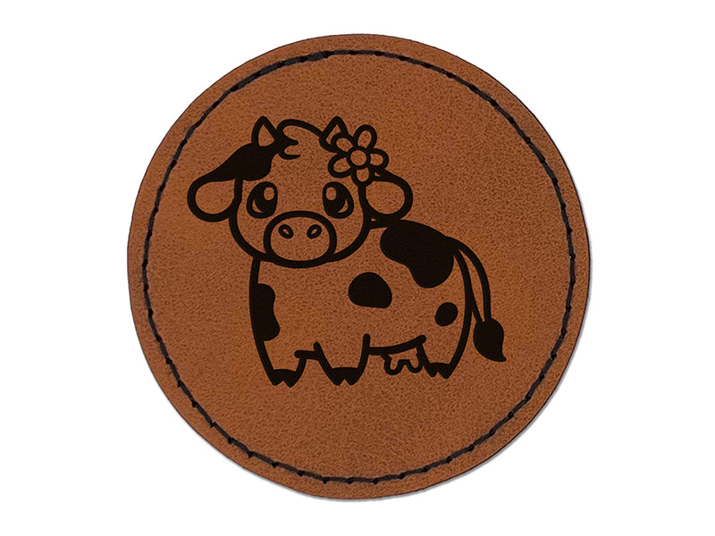 Darling Cow with Flower Round Iron-On Engraved Faux Leather Patch Applique - 2.5"
