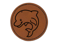 Debonair Jumping Dolphin Round Iron-On Engraved Faux Leather Patch Applique - 2.5"