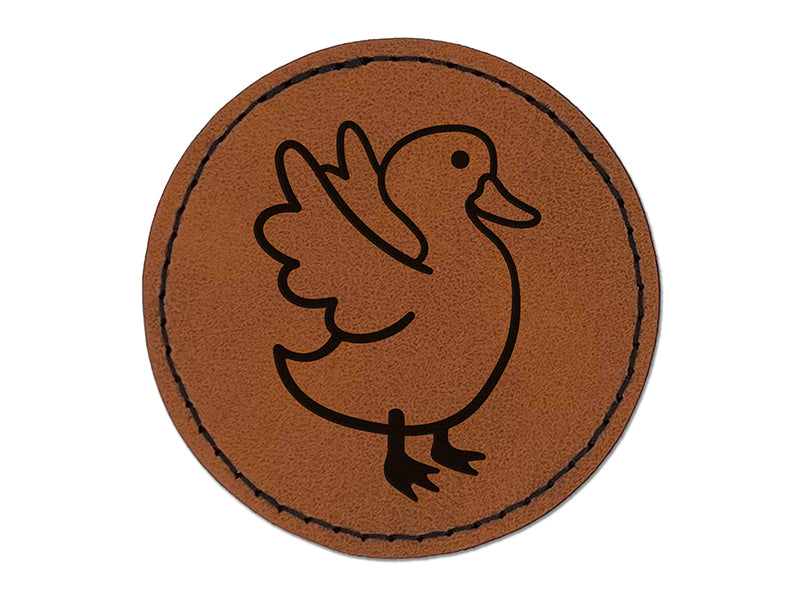 Delightful Duck Flapping Wings Round Iron-On Engraved Faux Leather Patch Applique - 2.5"