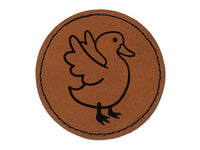 Delightful Duck Flapping Wings Round Iron-On Engraved Faux Leather Patch Applique - 2.5"