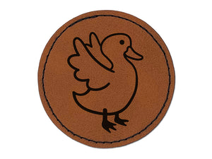 Delightful Duck Flapping Wings Round Iron-On Engraved Faux Leather Patch Applique - 2.5"