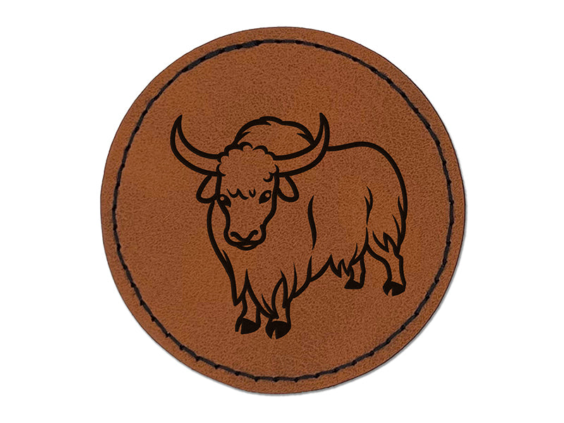 Domestic Yak Long Haired Cattle Round Iron-On Engraved Faux Leather Patch Applique - 2.5"