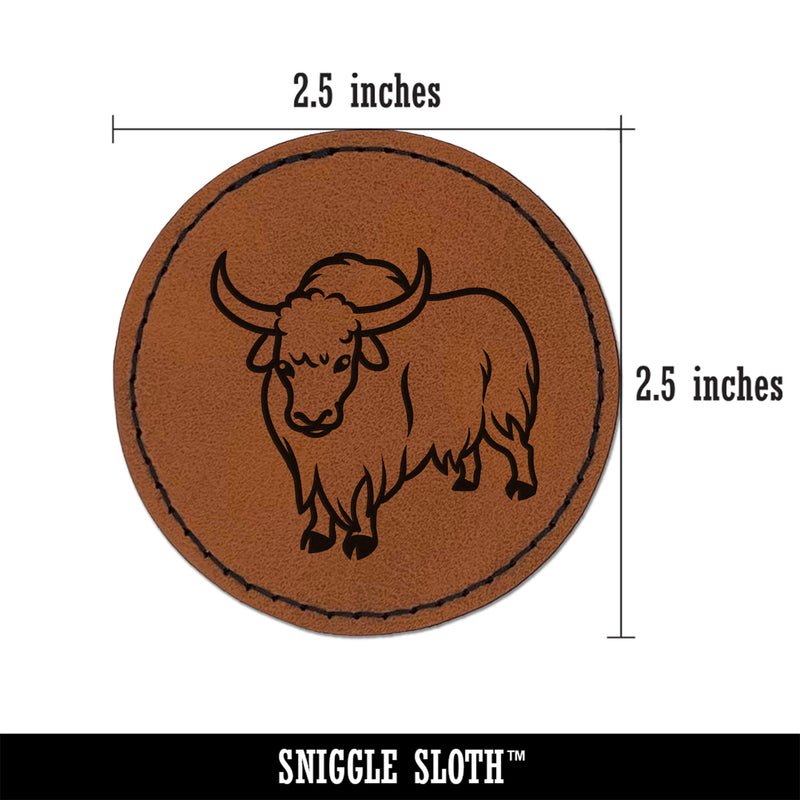 Domestic Yak Long Haired Cattle Round Iron-On Engraved Faux Leather Patch Applique - 2.5"