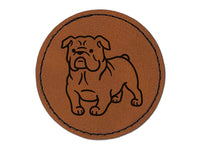 English Bulldog Standing Dog Round Iron-On Engraved Faux Leather Patch Applique - 2.5"