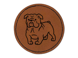 English Bulldog Standing Dog Round Iron-On Engraved Faux Leather Patch Applique - 2.5"