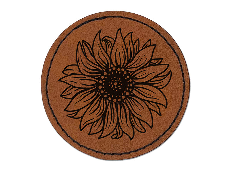 Fancy Blooming Sunflower Flower Round Iron-On Engraved Faux Leather Patch Applique - 2.5"