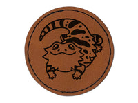 Fat Cute Bearded Dragon Lizard Reptile Round Iron-On Engraved Faux Leather Patch Applique - 2.5"