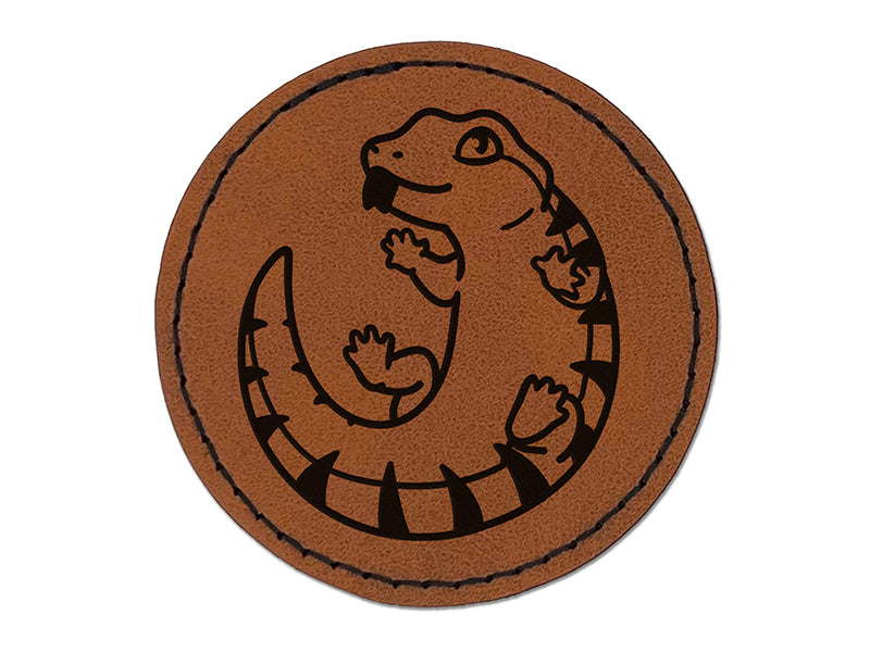 Fat Cute Blue Tongued Skink Lizard Reptile Round Iron-On Engraved Faux Leather Patch Applique - 2.5"