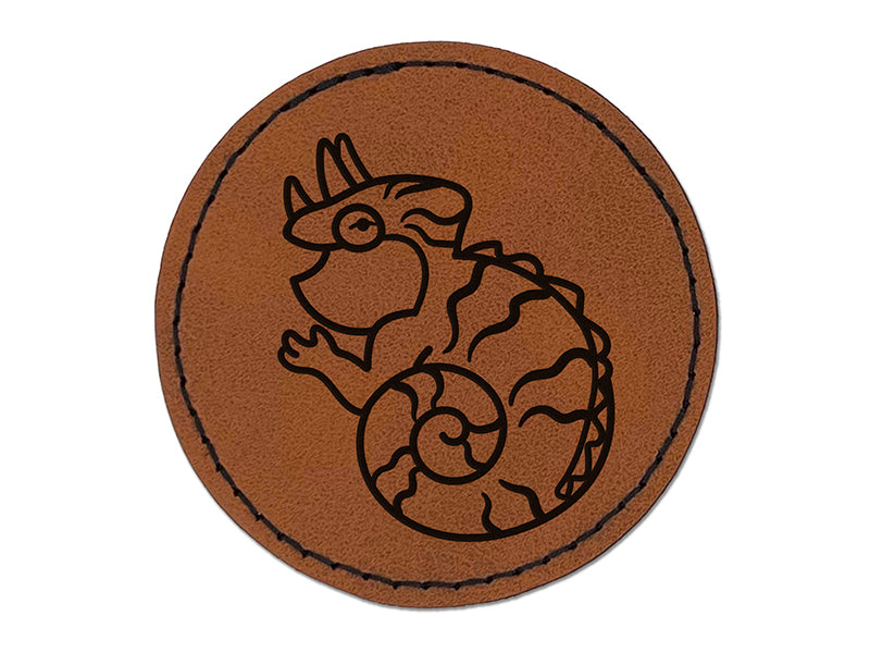 Fat Cute Jackson's Horned Chameleon Lizard Reptile Round Iron-On Engraved Faux Leather Patch Applique - 2.5"