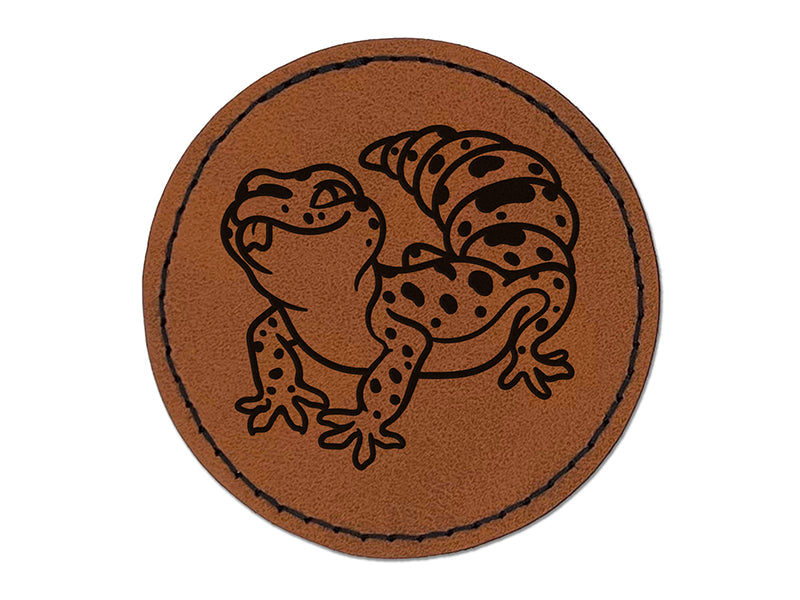 Fat Cute Leopard Gecko Lizard Reptile Round Iron-On Engraved Faux Leather Patch Applique - 2.5"