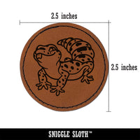 Fat Cute Leopard Gecko Lizard Reptile Round Iron-On Engraved Faux Leather Patch Applique - 2.5"