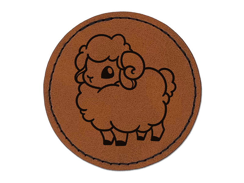 Fluffy Ram Cute Round Iron-On Engraved Faux Leather Patch Applique - 2.5"