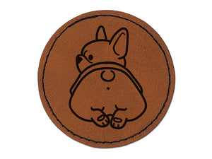 Frenchie from Behind Butt French Bulldog Dog Round Iron-On Engraved Faux Leather Patch Applique - 2.5"